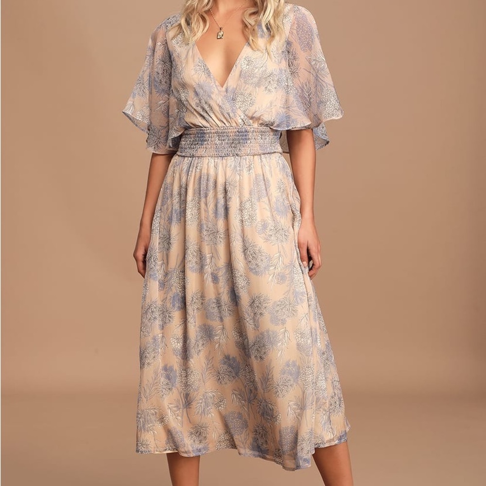 lulu’s Beige Floral Print Ruffled Midi Dress size XL